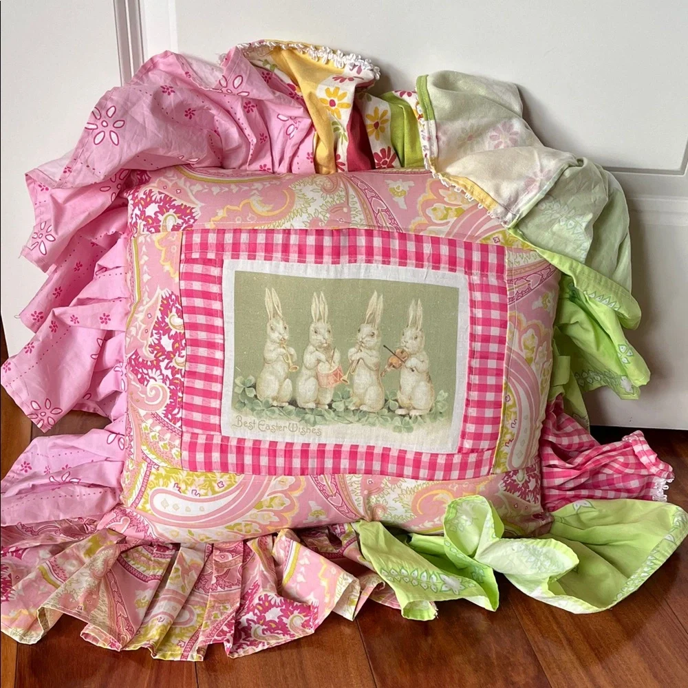 Pink and Green Bunny Decorative Pillow